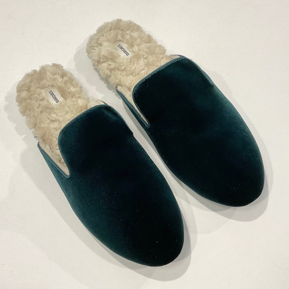 BIRDIES Phoebe Faux Fur Velvet Mule Slide Emerald Green Size 10 - Picture 3 of 9